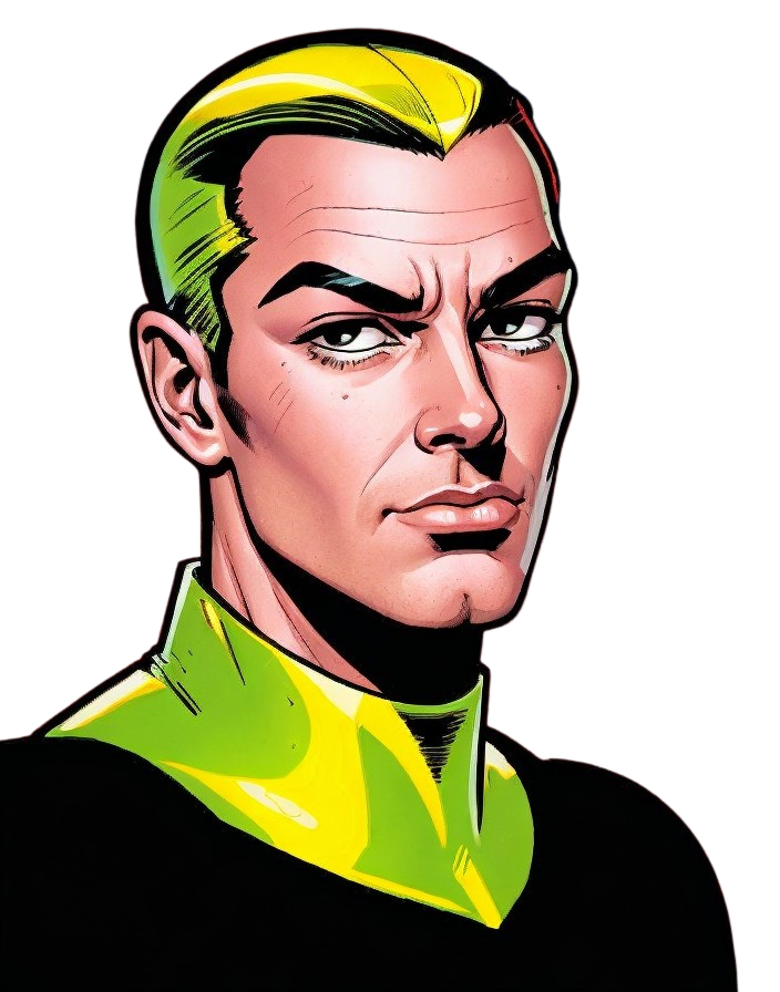Male superhero illustration with pronounced jawline, dark eyes, arched eyebrows, and slick blonde, black