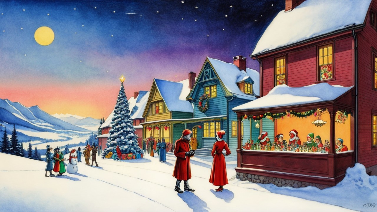Vibrant Christmas Village Scene at Twilight with Snow