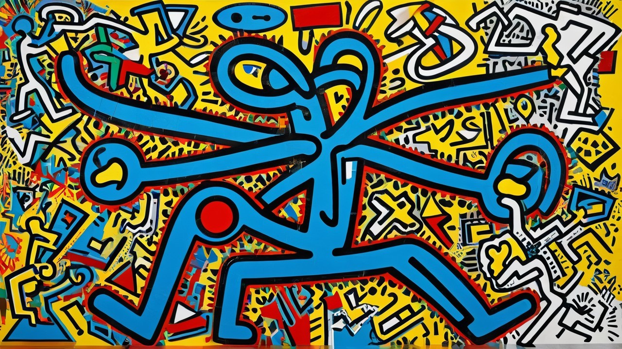 Colorful Abstract Painting with Animated Figures and Symbols