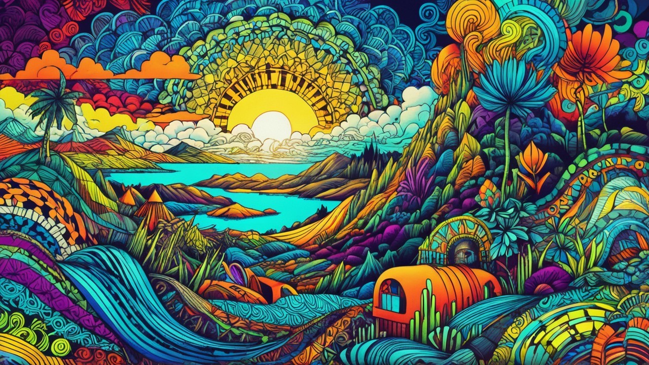 Vibrant Landscape with Colorful Hills and Trees