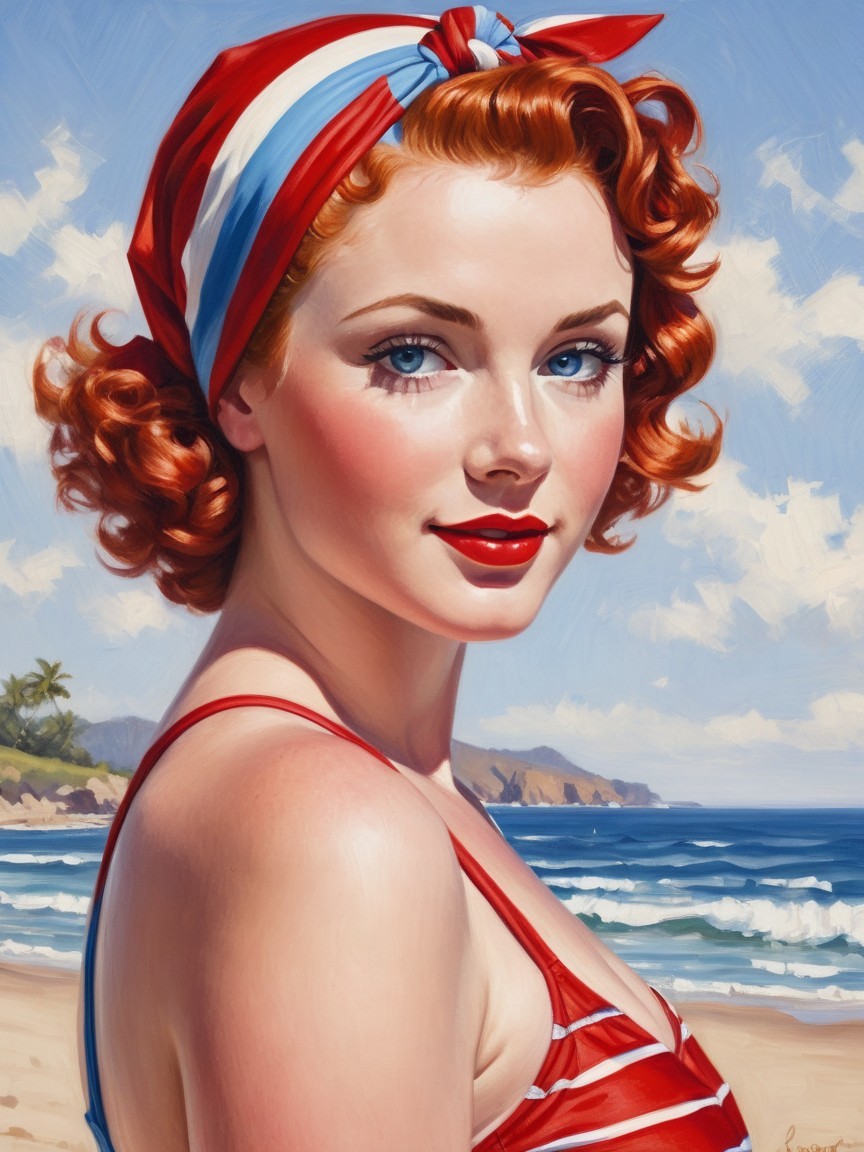 Woman in Striped Swimsuit at Sunny Beach Setting