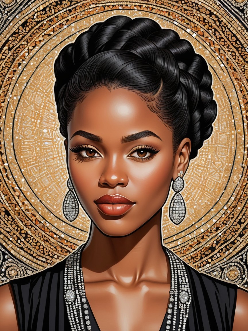 Illustration of Elegant Woman in Black Dress and Earrings