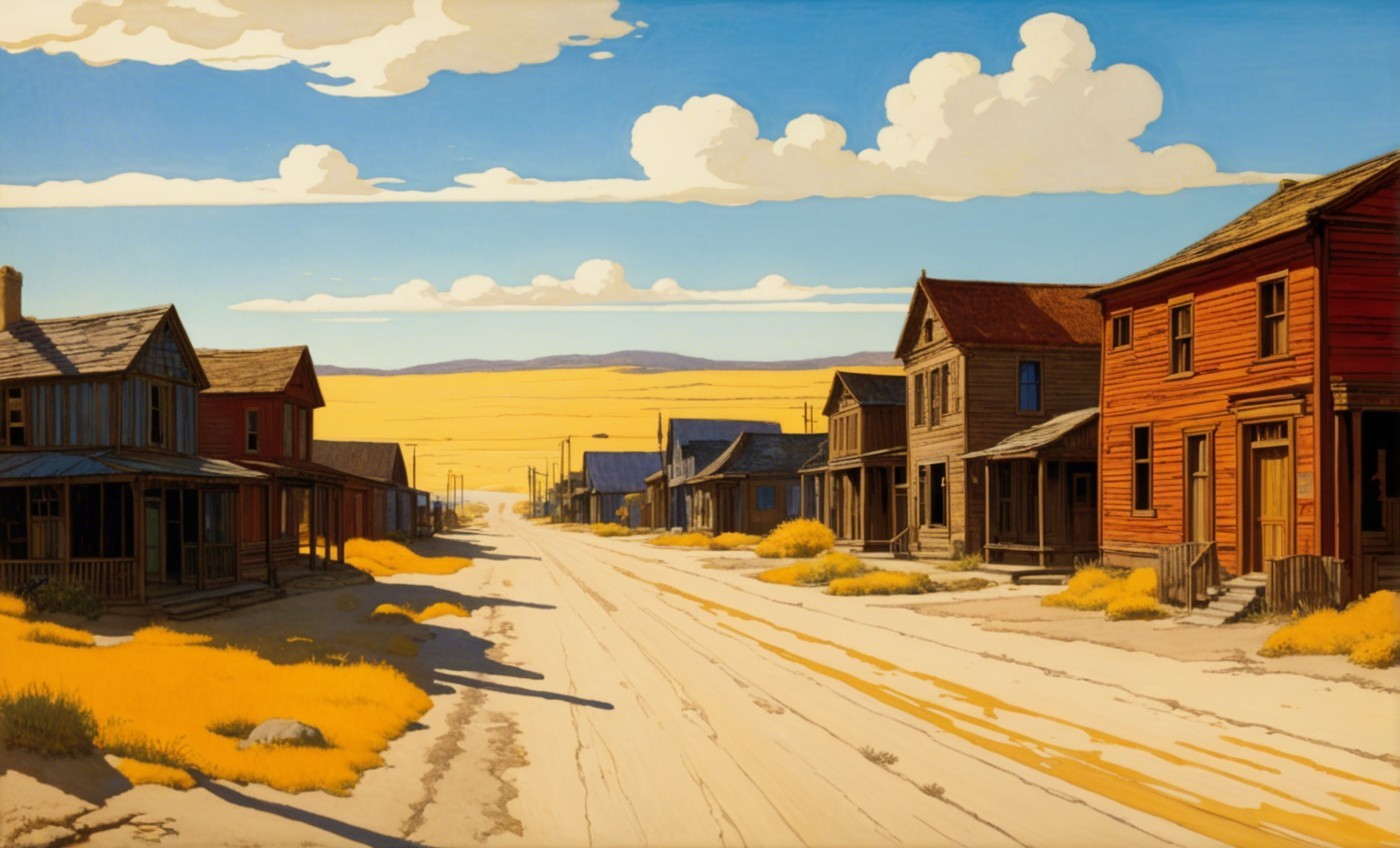 Desolate Sunlit Street in a Ghost Town Landscape