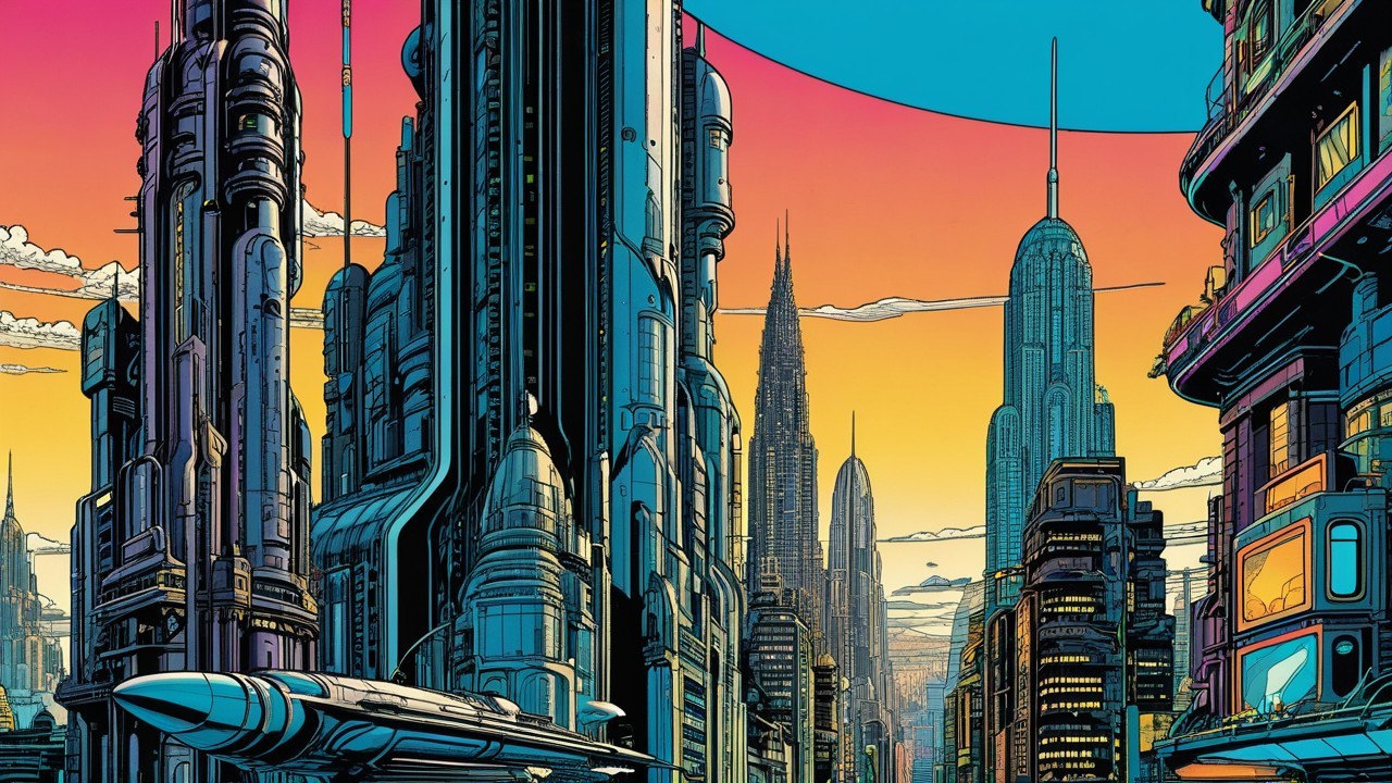 Vibrant Cyberpunk Cityscape at Sunset with Skyscrapers