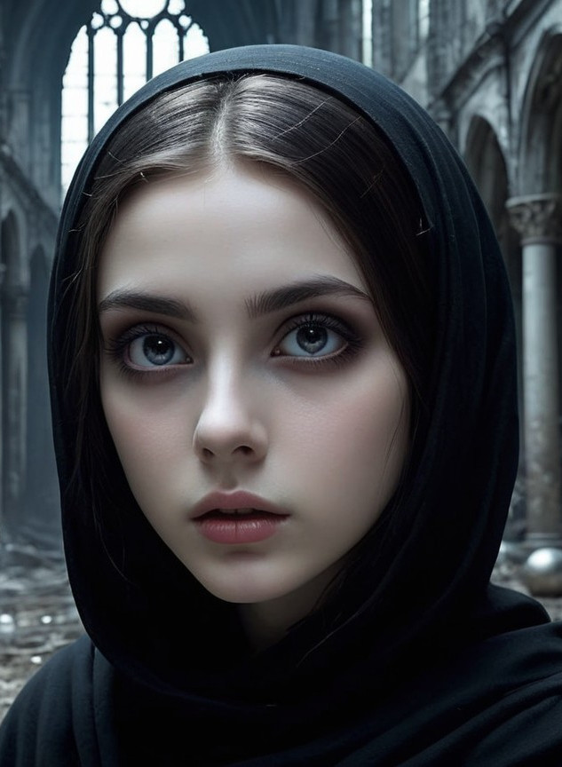 Young Woman in Black Hood Against Ancient Stone Background