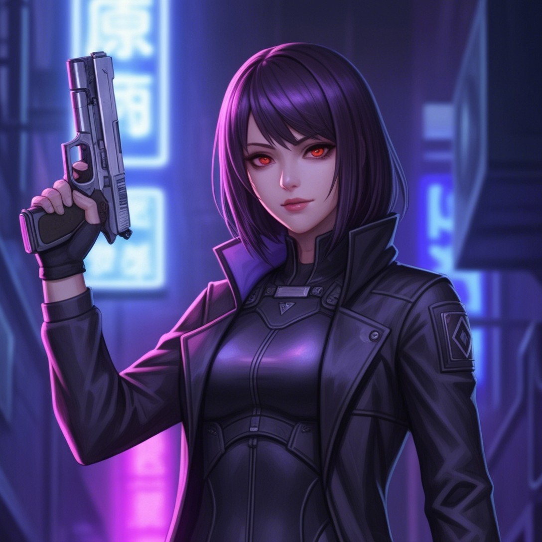 Fierce Female Character in Neon-Lit Cyberpunk Setting
