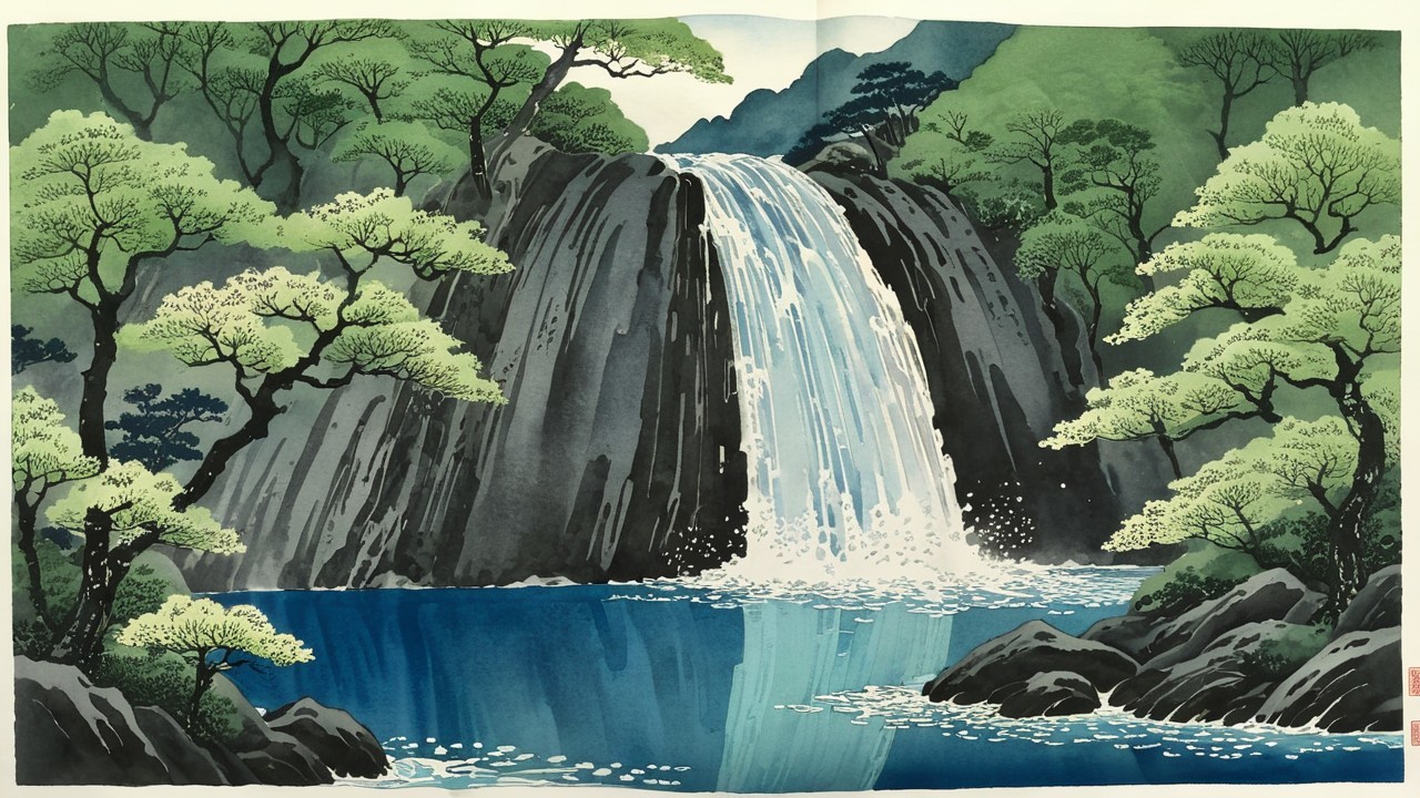 Cascading Waterfall in a Serene Natural Landscape