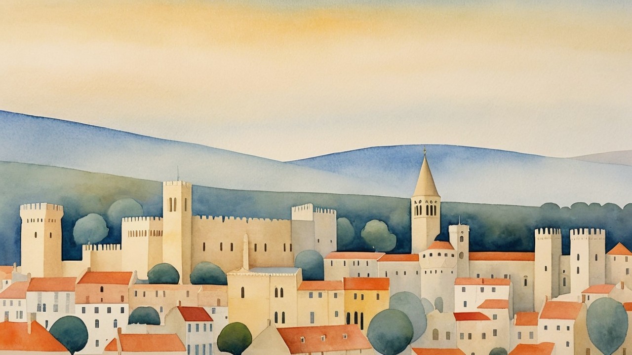 Watercolor Painting of a Medieval Town Landscape