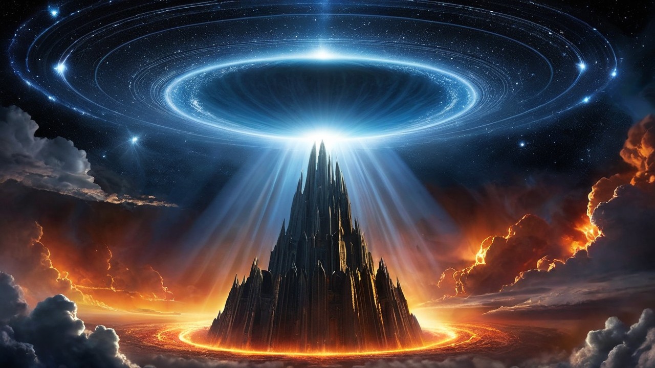 Majestic Mountain Surrounded by Cosmic Vortex and Clouds