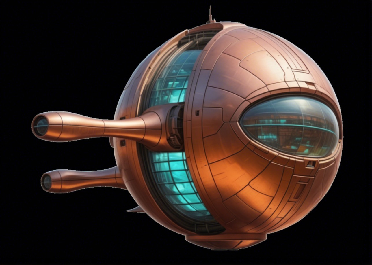 Futuristic spaceship with metallic bronze exterior and dome