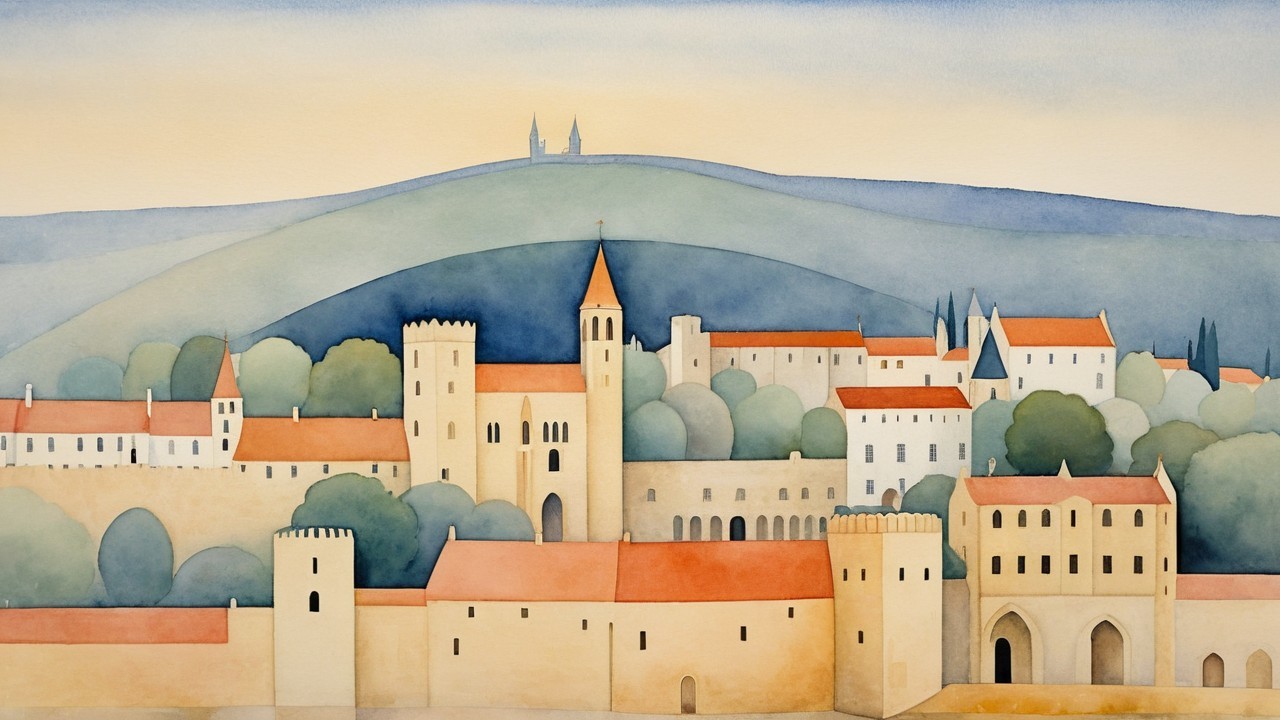 Stylized Medieval Town Landscape with Rolling Hills