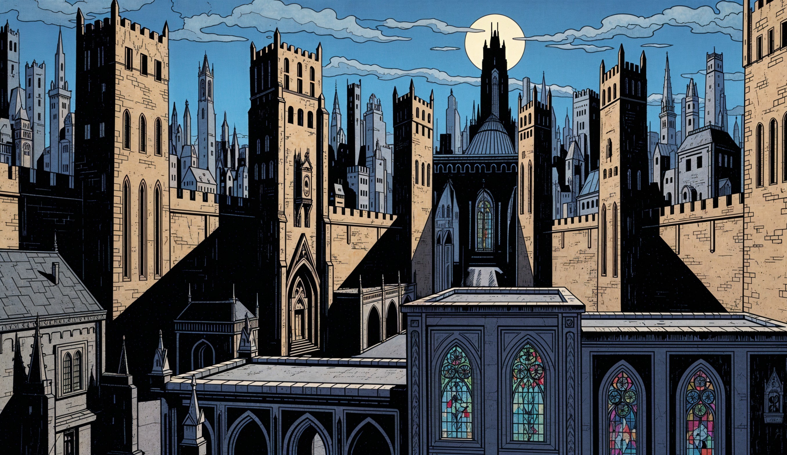 Medieval Cityscape Under Moonlight and Dark Clouds