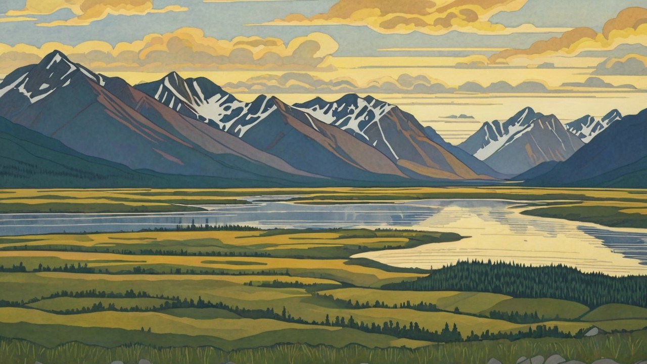 Majestic Snow-Capped Mountains and Tranquil River Landscape