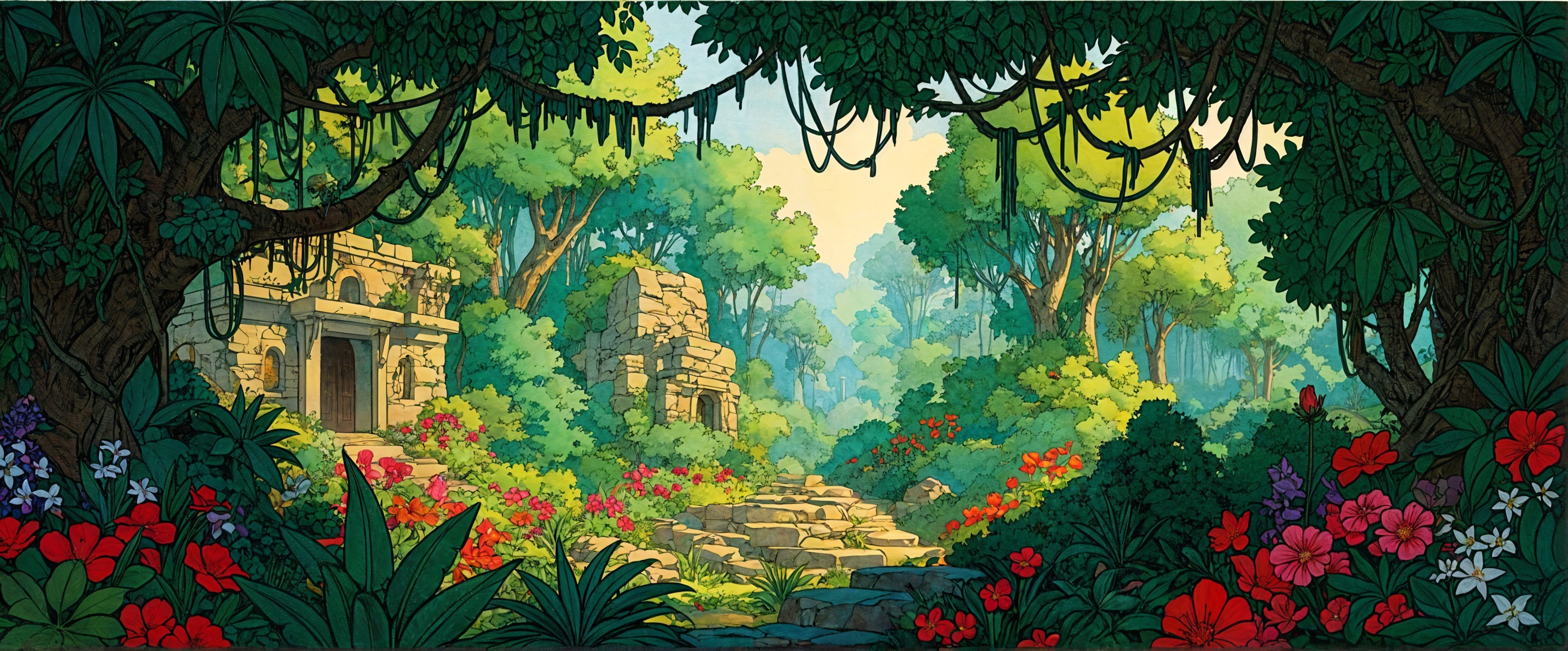 Vibrant Jungle Scene with Ancient Stone Ruins