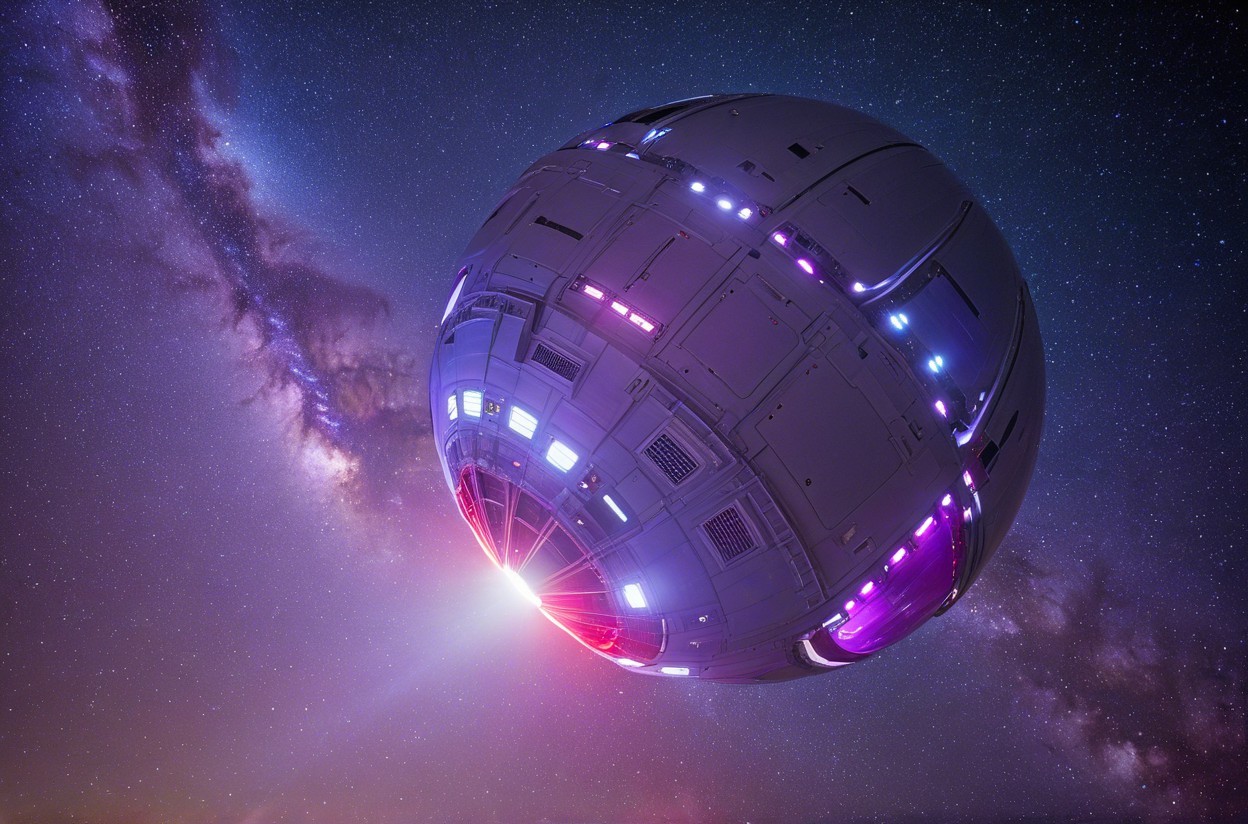 Futuristic spacecraft with vibrant lights in space