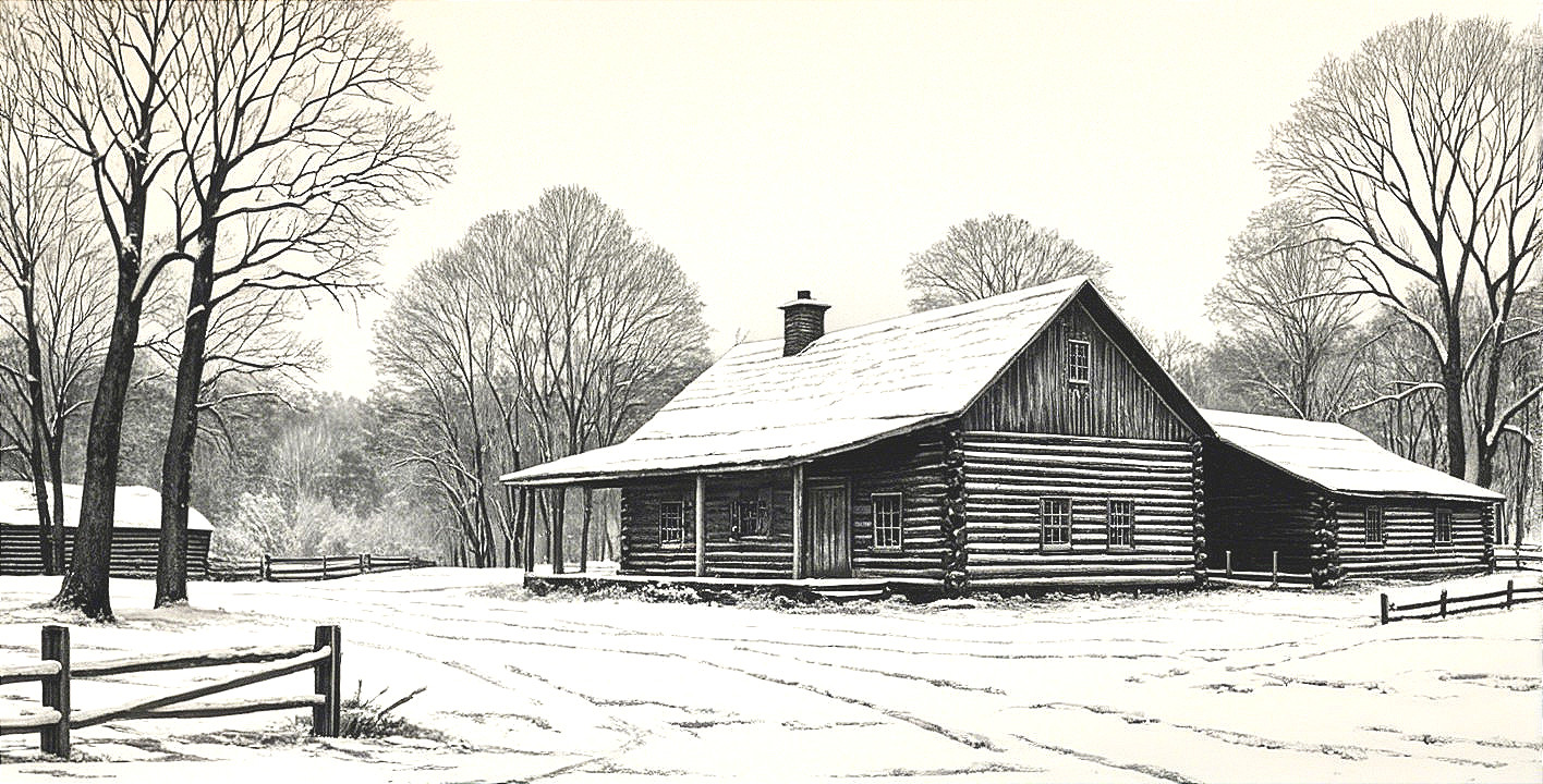 Winter Landscape with Log Cabin and Snowy Trees