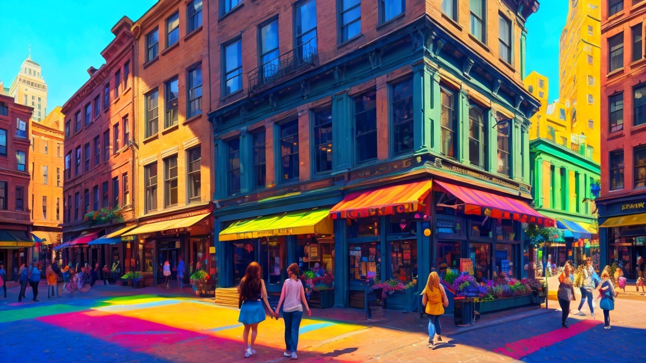 Vibrant Street Scene with Colorful Buildings and Shops