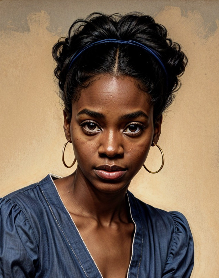 Portrait of a young woman with dark curly hair and headband