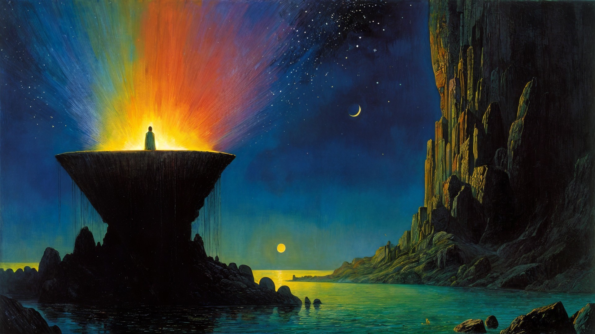 Surreal Landscape with Colorful Eruption and Moon