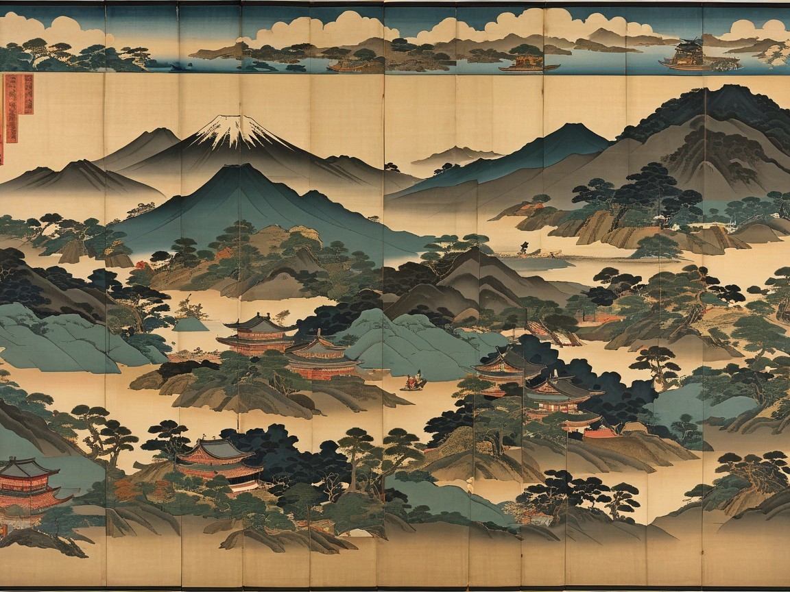 Serene Landscape with Mountains and Japanese Structures