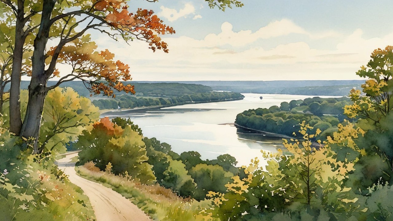 Serene Landscape with Winding River and Autumn Hues