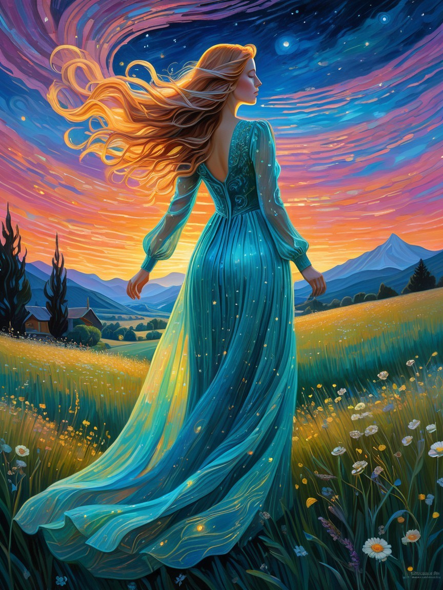 Woman in Turquoise Dress in Vibrant Meadow at Sunset