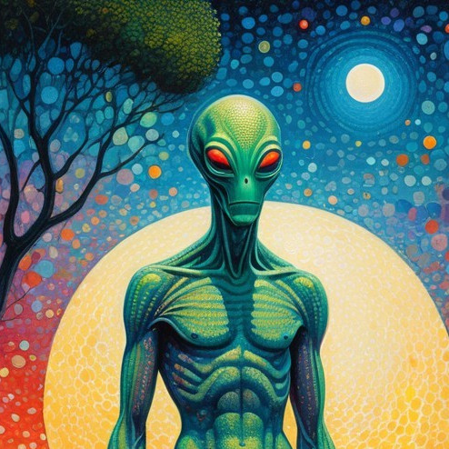 Surreal Alien Figure Against Cosmic Backdrop
