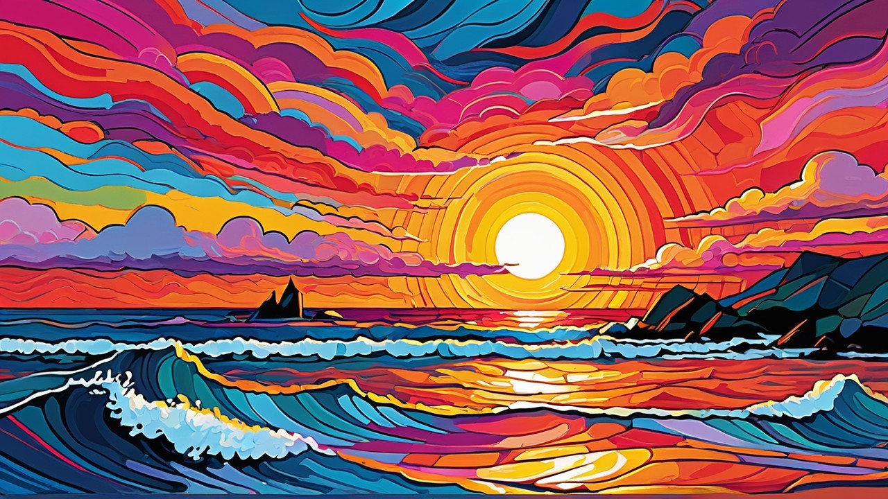 Vibrant Sunset Over Dynamic Ocean Scene with Bold Colors