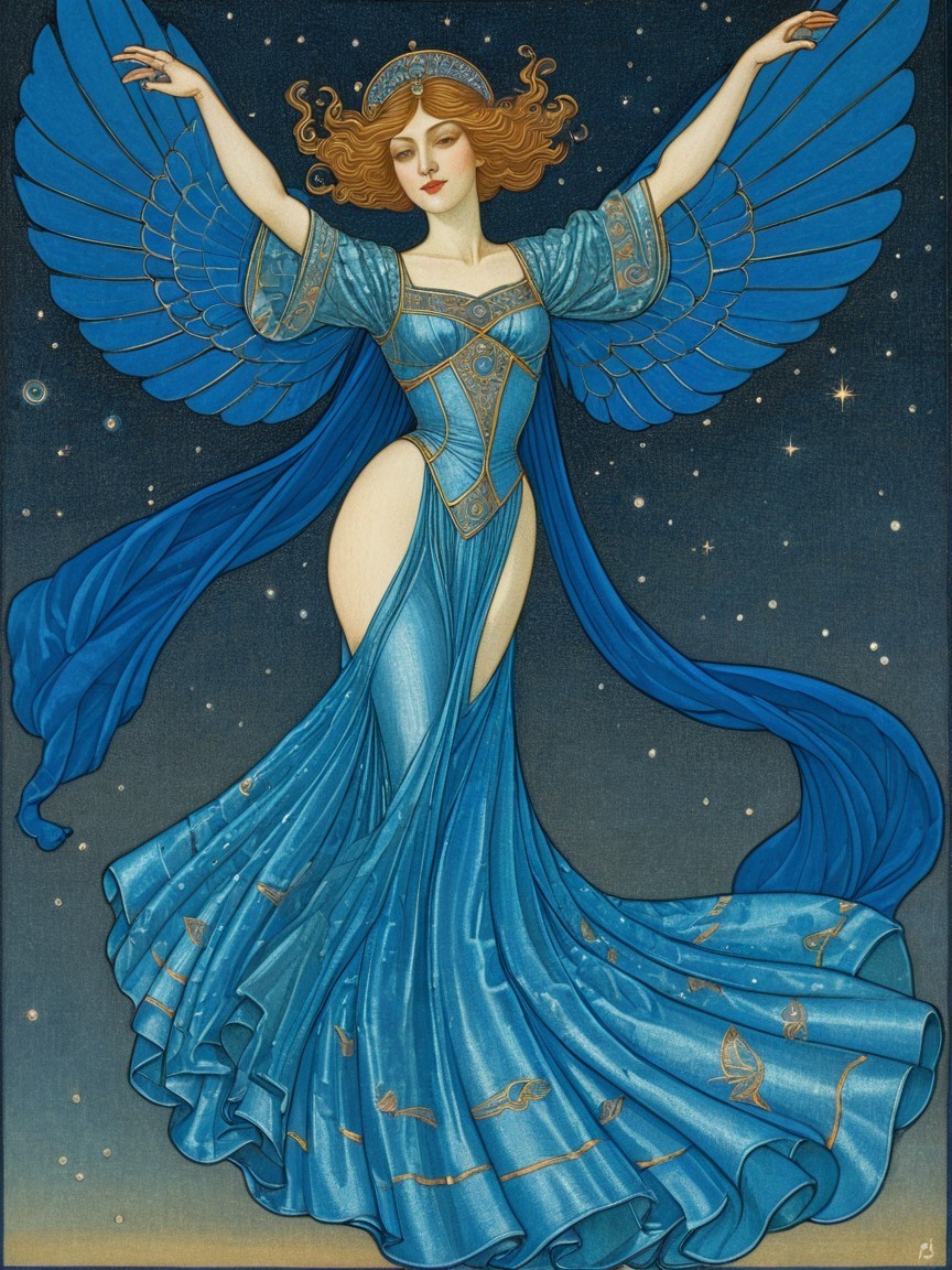 Celestial Figure in Blue Gown with Majestic Wings