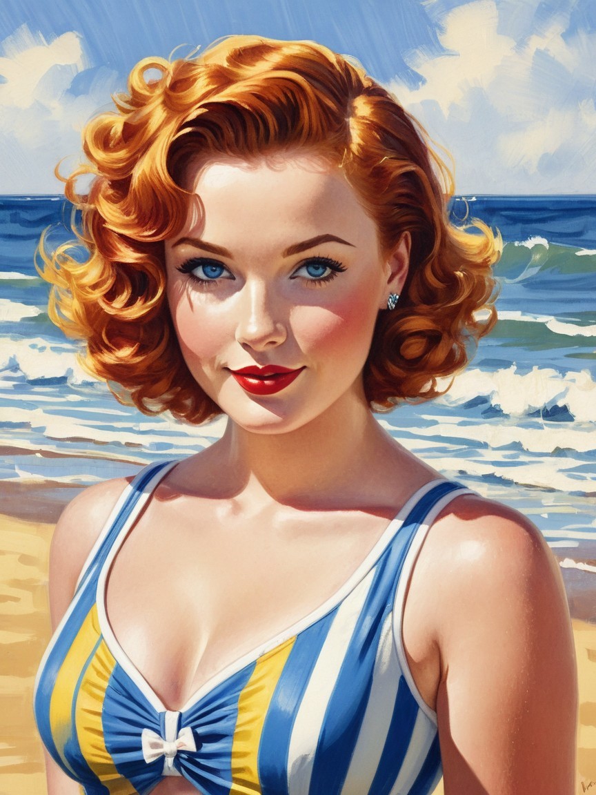 Retro Beach Illustration of a Young Woman with Curly Hair