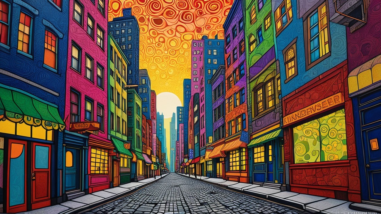 Vibrant Urban Street Scene with Colorful Buildings