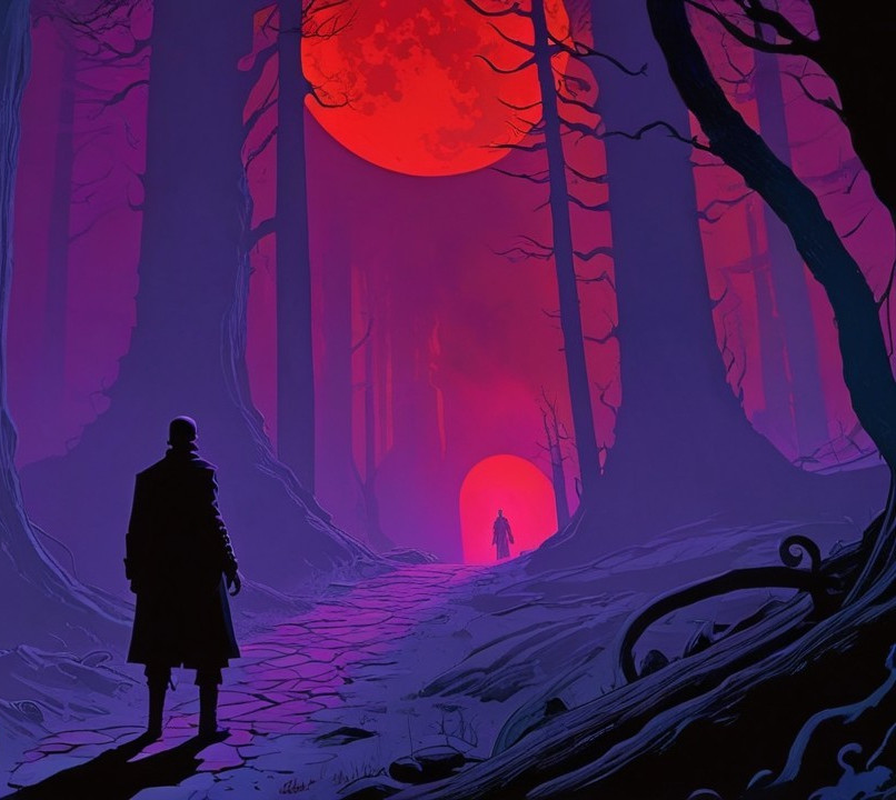 Surreal Twilight Forest with Towering Trees and Moon