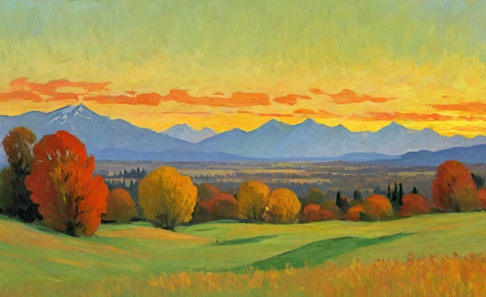 Vibrant Autumn Landscape with Rolling Hills and Mountains