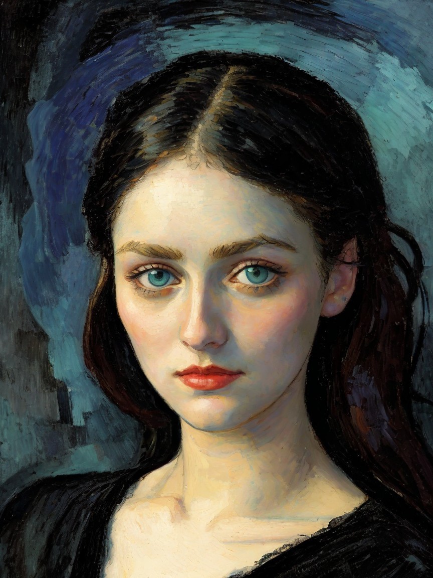 Portrait of a Young Woman with Blue Eyes and Dark Hair