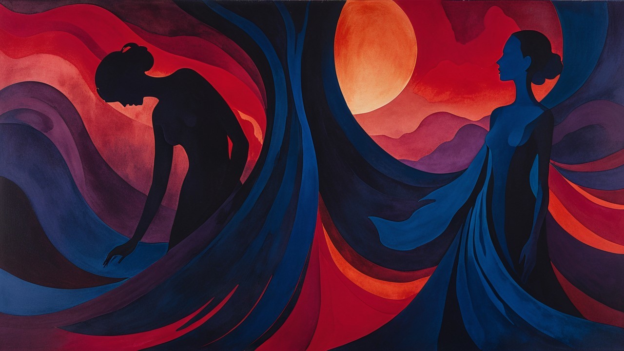 Silhouetted Figures Against Vibrant Colorful Background