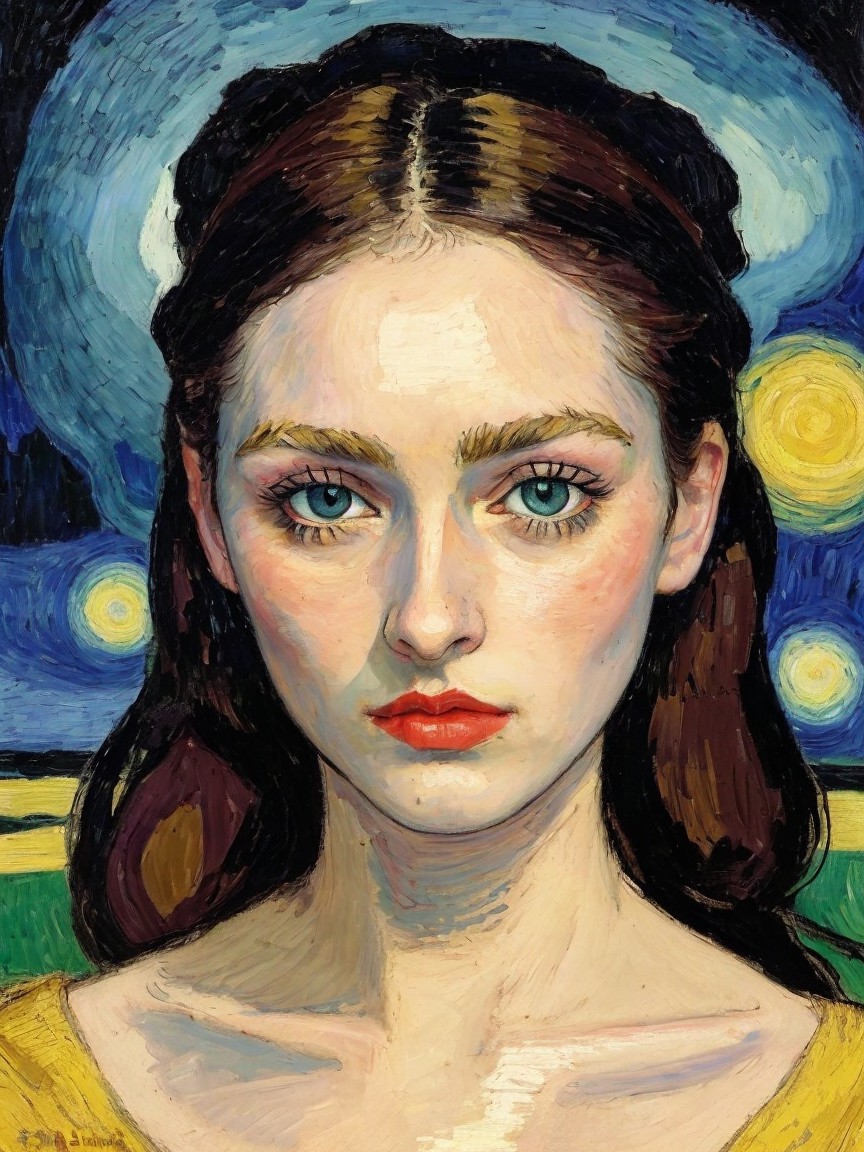 Portrait of a Young Woman with Blue Eyes and Night Sky