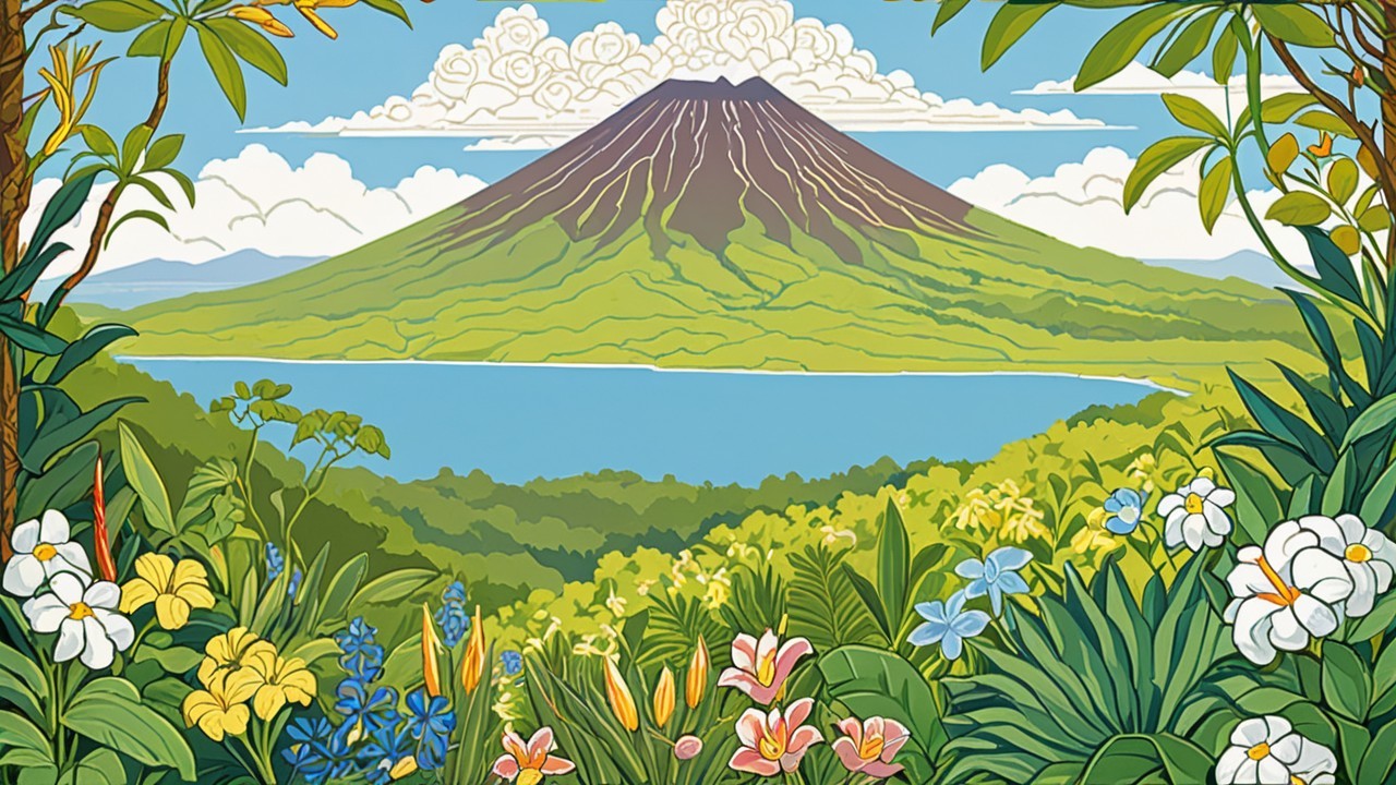Vibrant Landscape with Volcano and Serene Lake