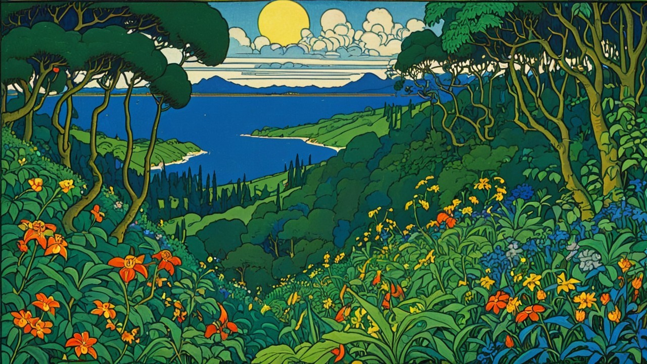 Vibrant Landscape with Water, Hills, and Sunlight