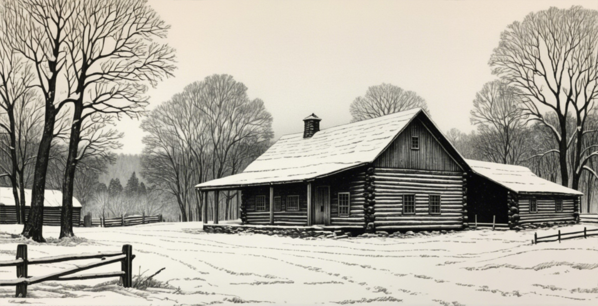 Rustic Log Cabin in a Serene Winter Landscape
