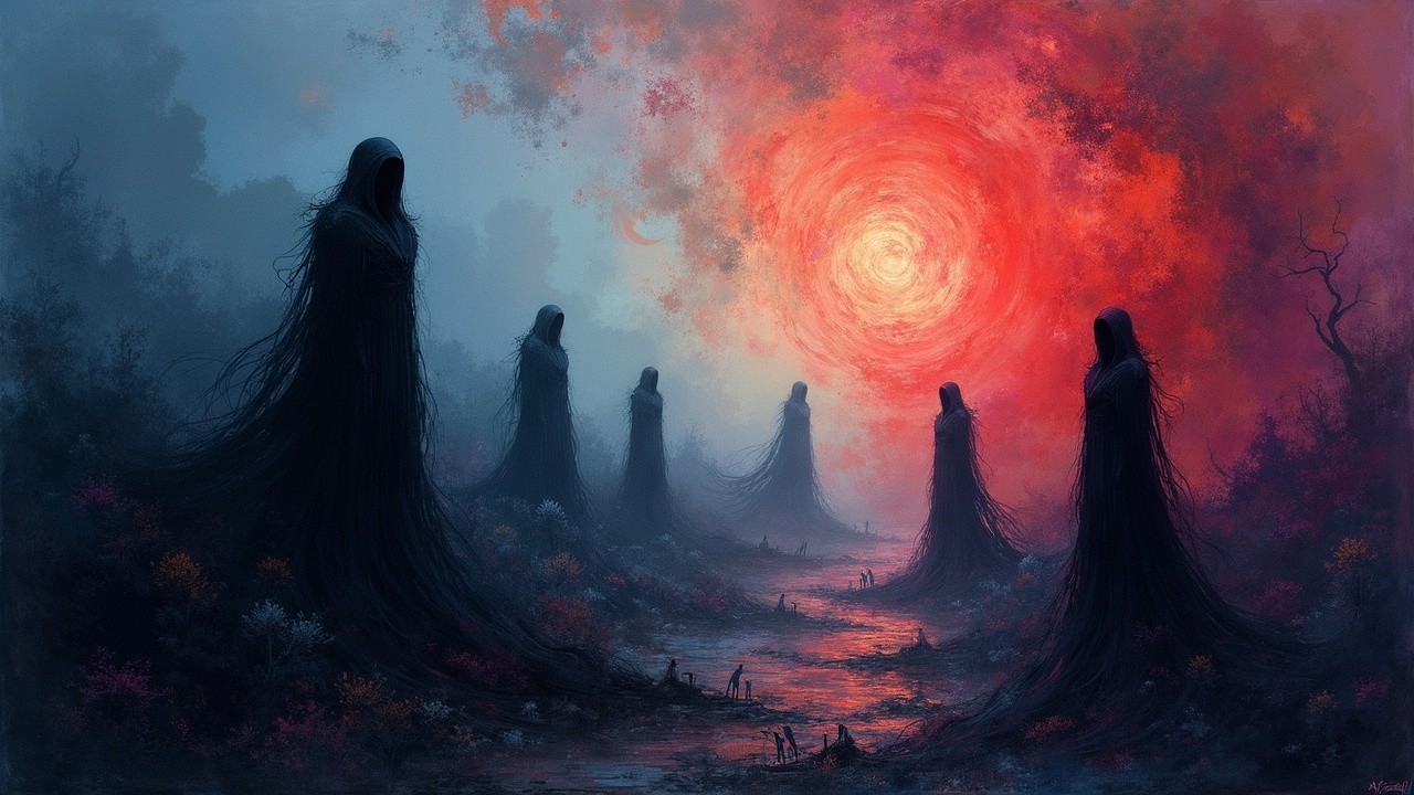 Surreal Landscape with Eerie Figures and Dramatic Sky