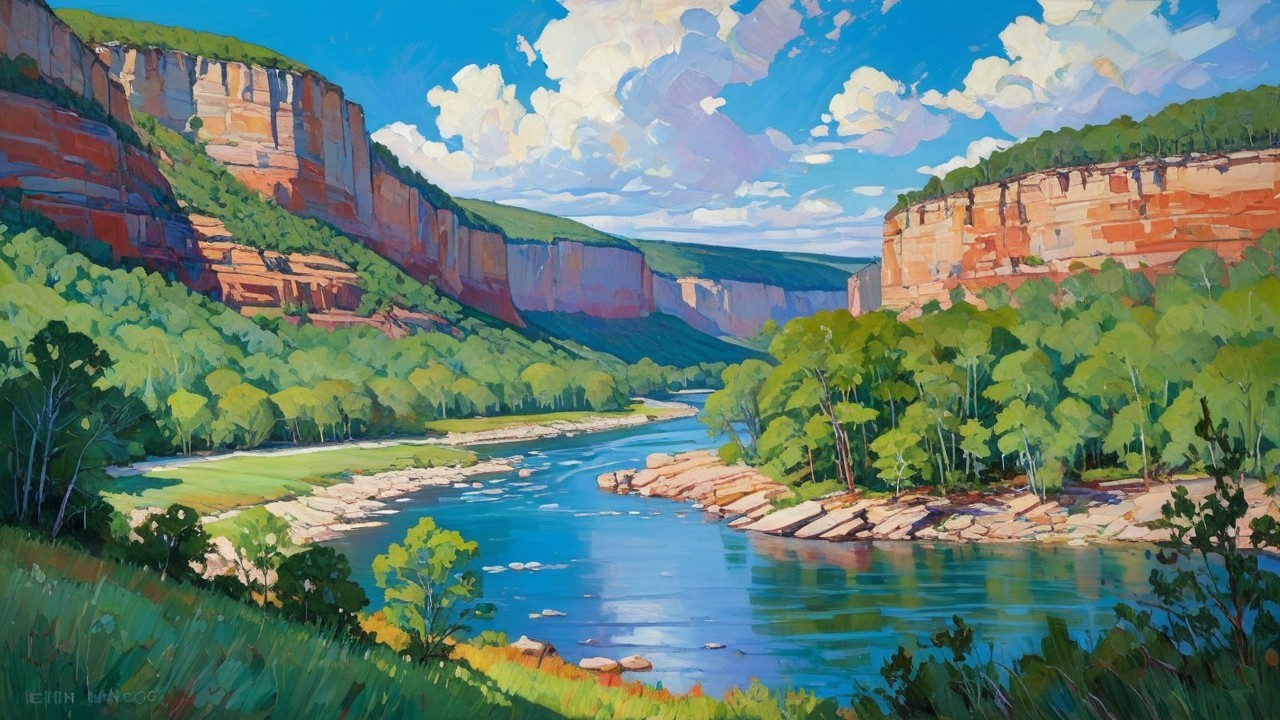 Vibrant landscape with winding river and cliffs