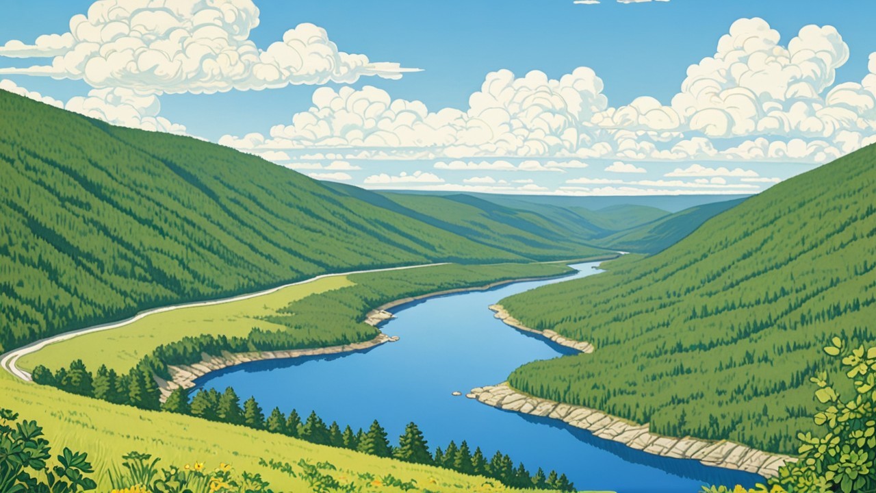 Serene Landscape with Rolling Hills and Winding River