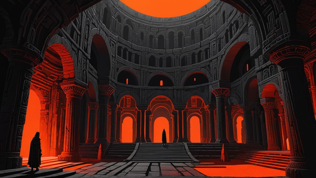 Ancient Coliseum Bathed in Orange Light and Shadows