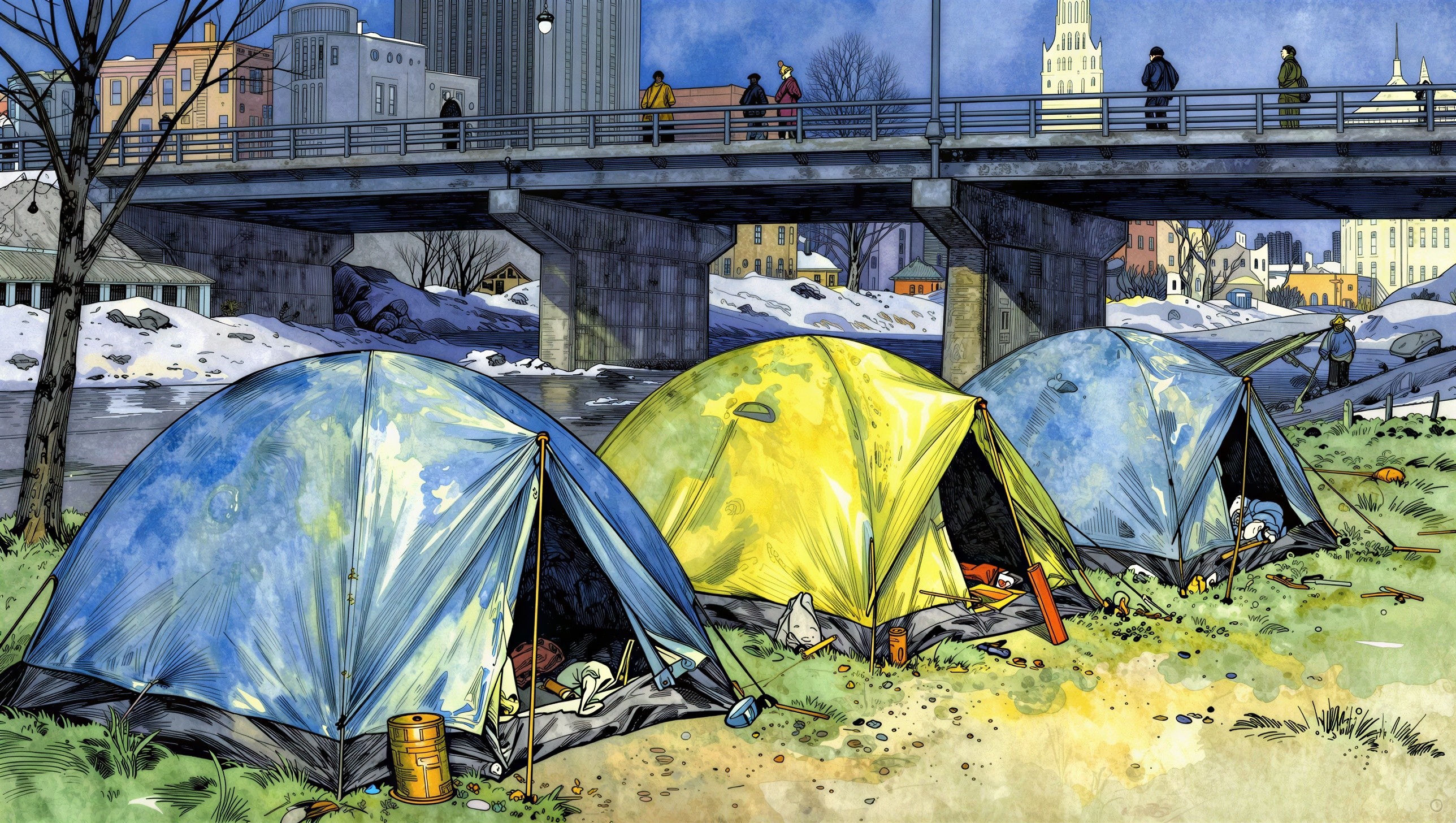 Vibrantly Colored Tents by a River and Snowy Landscape