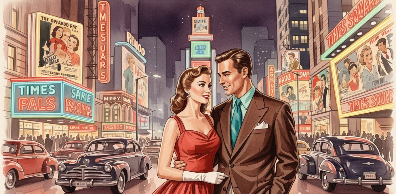 1950s Cityscape with Glamorous Vintage Couple