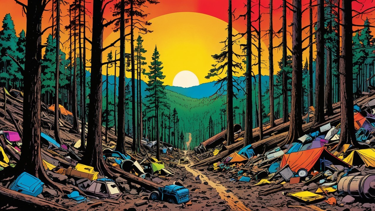 Vibrant Sunset Over a Forested Landscape with Camping Gear