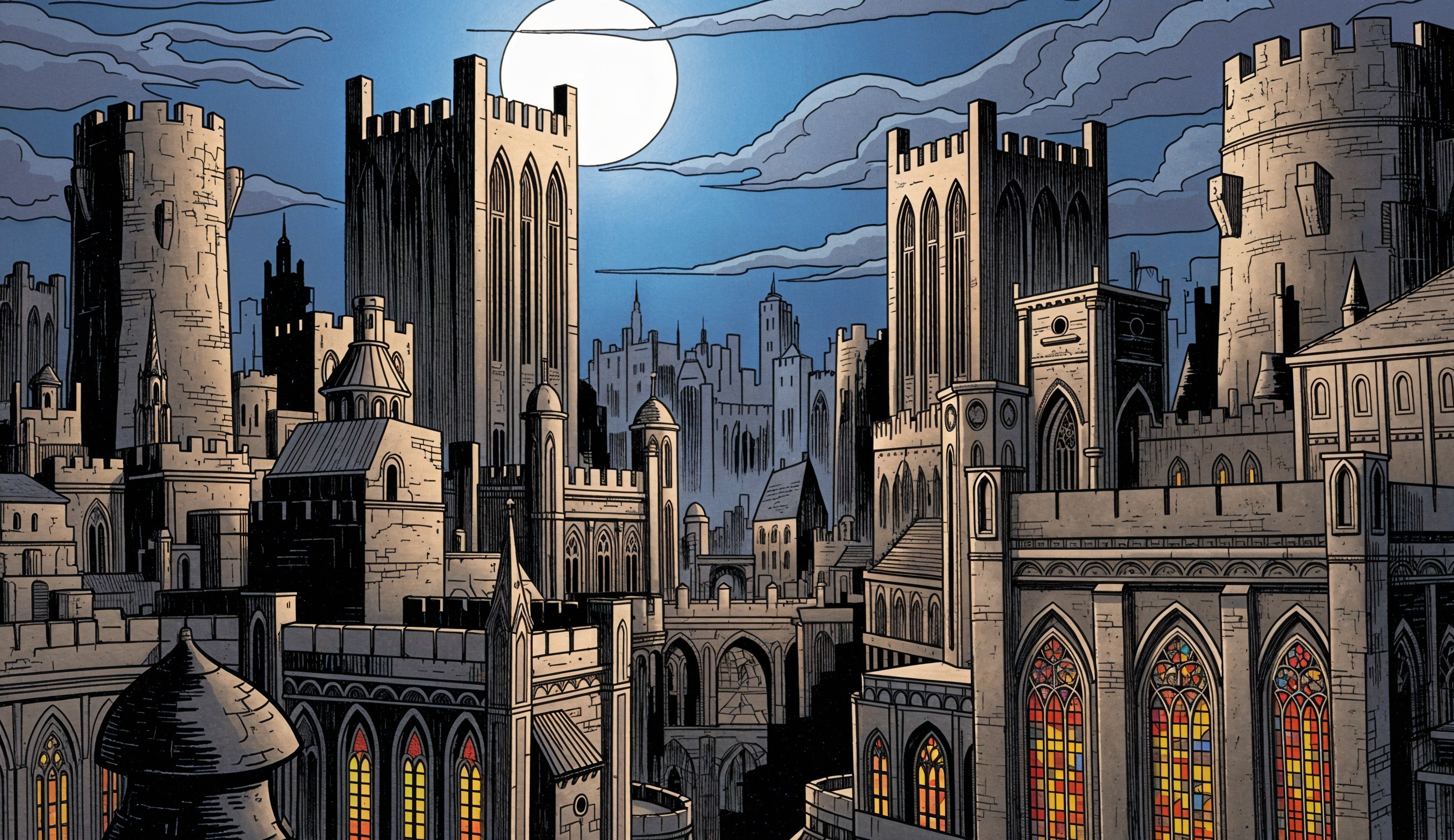 Gothic Fantasy Cityscape Under Full Moon Light