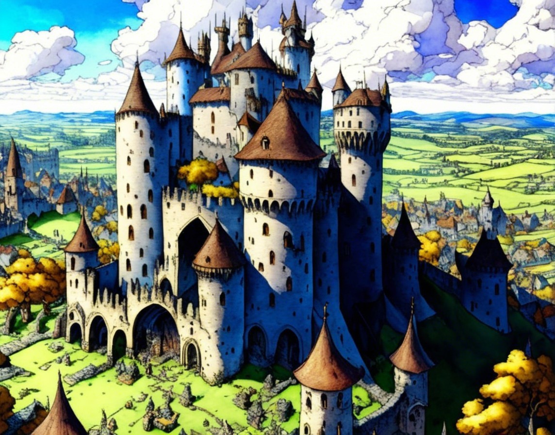 Majestic medieval castle with vibrant sky and greenery