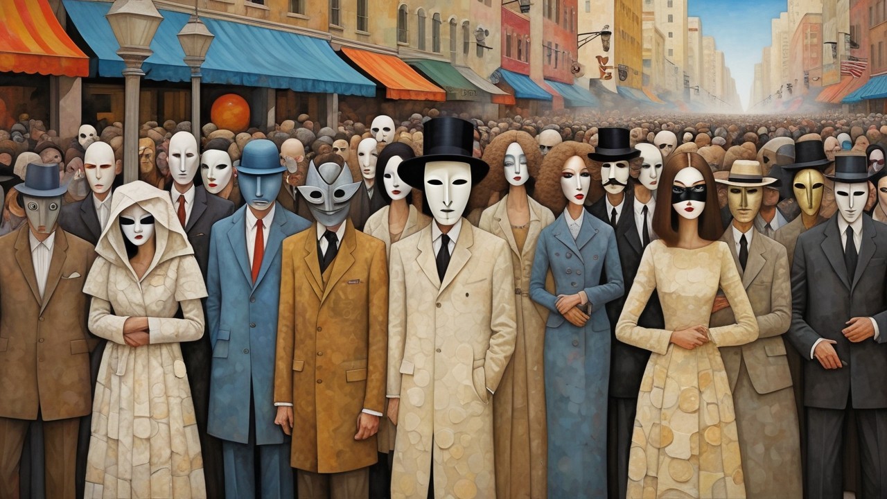 Infinite Crowd of Mask-Wearing People in City Street