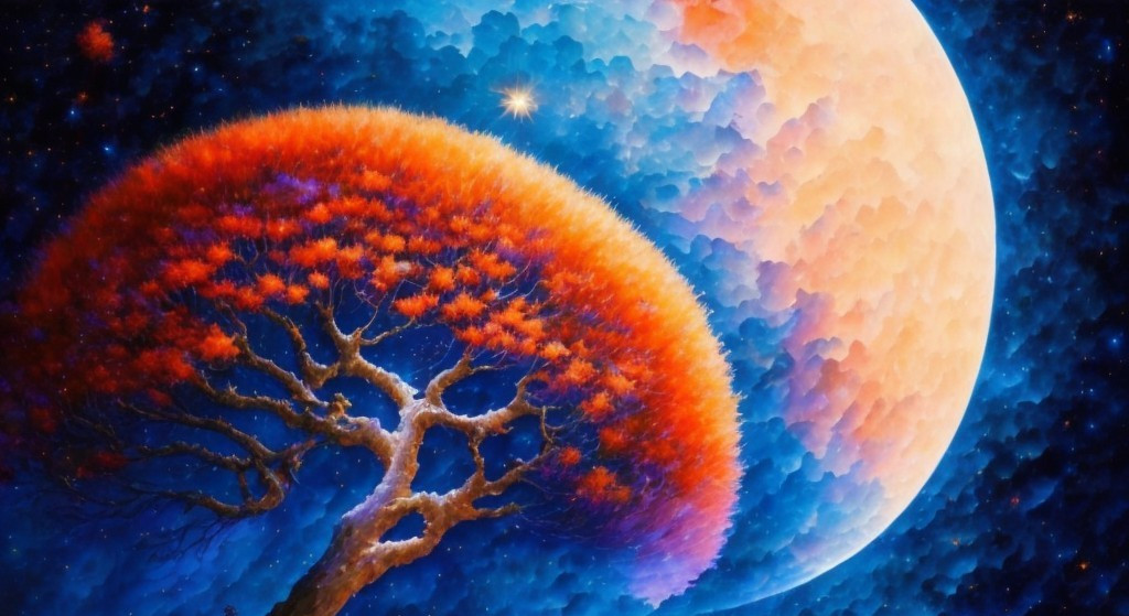 Surreal Landscape with Fiery Tree and Cosmic Sky